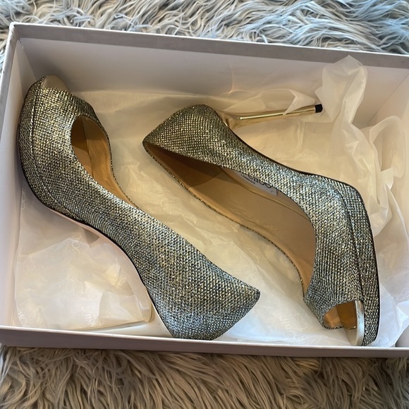 Jimmy Choo Luna 100 Platform Peep Toe Pumps | Metallic Bronze Lamè Glitter 37.5 - Picture 6 of 16